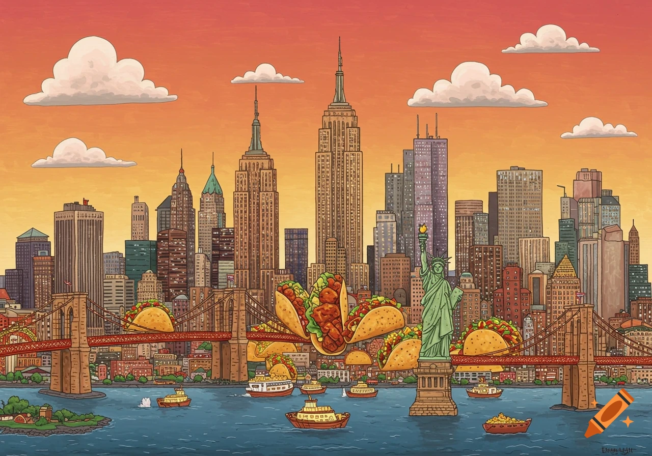 Illustrated New York City skyline featuring tacos on buildings, bridges, and boats