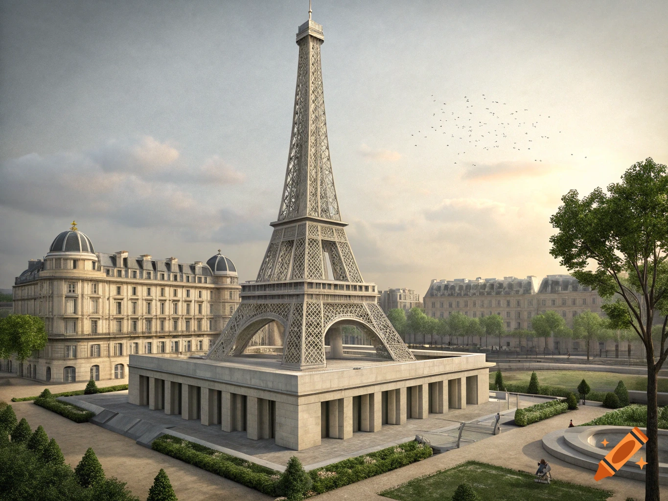 View of a modern re-imagined Eiffel Tower in a park with buildings.