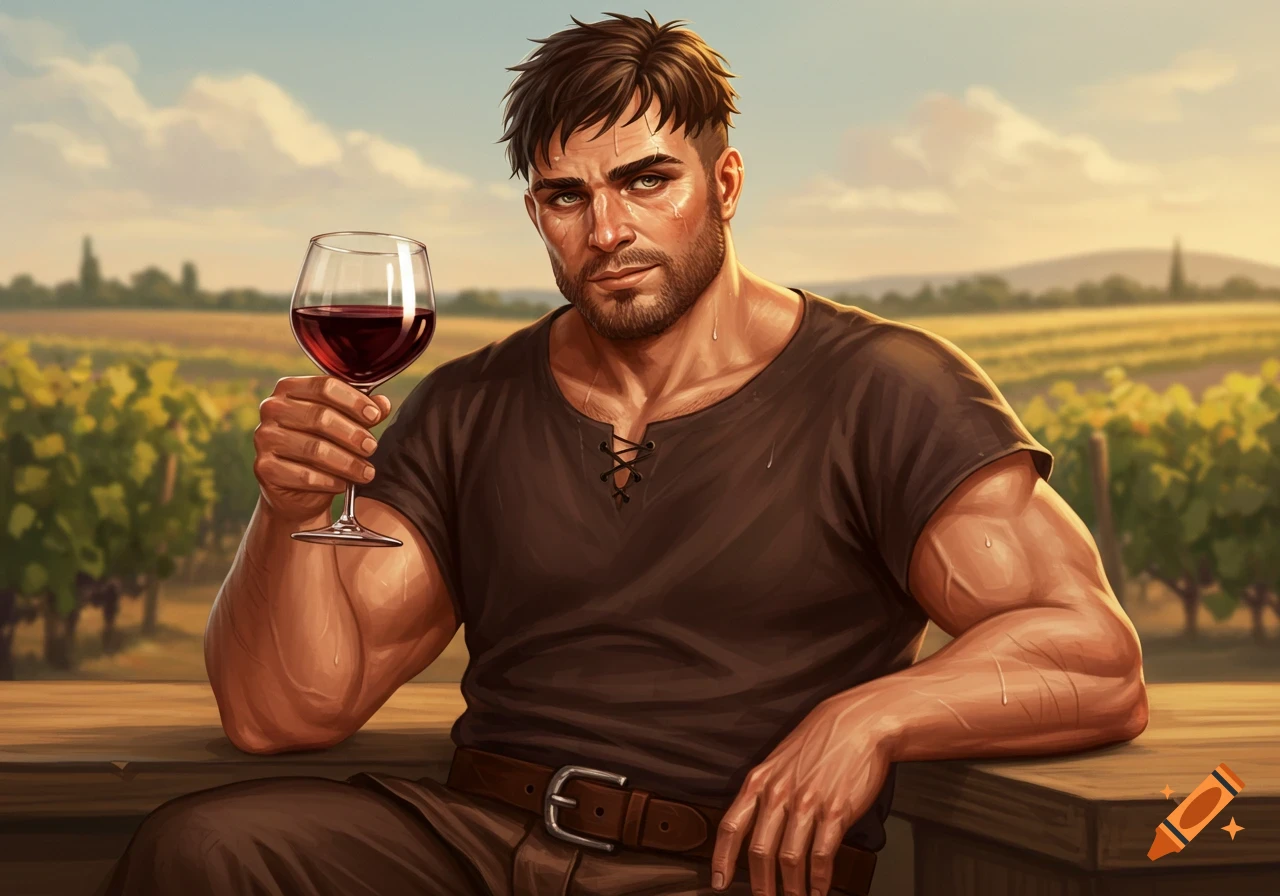 Muscular man drinks red wine at a table in a vineyard.