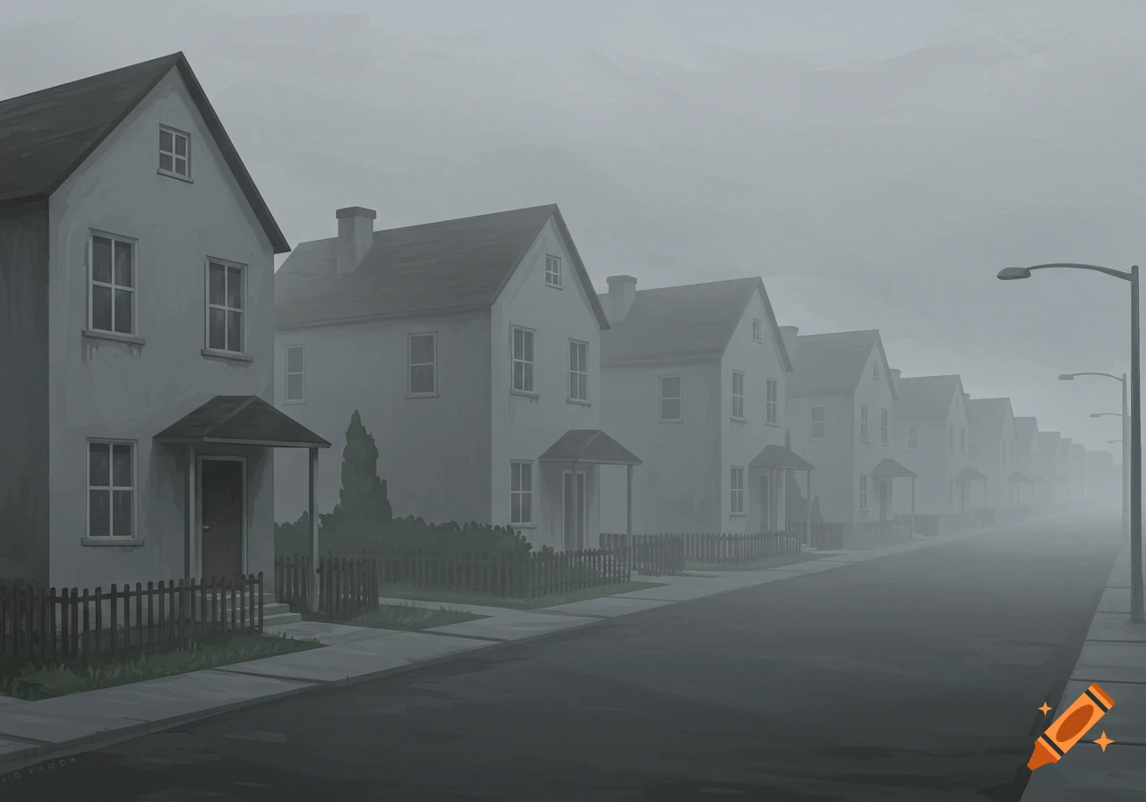 Row of identical gray houses on a foggy street.