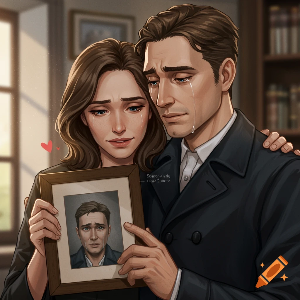 Illustration of a couple crying and holding a framed photo of a crying man.