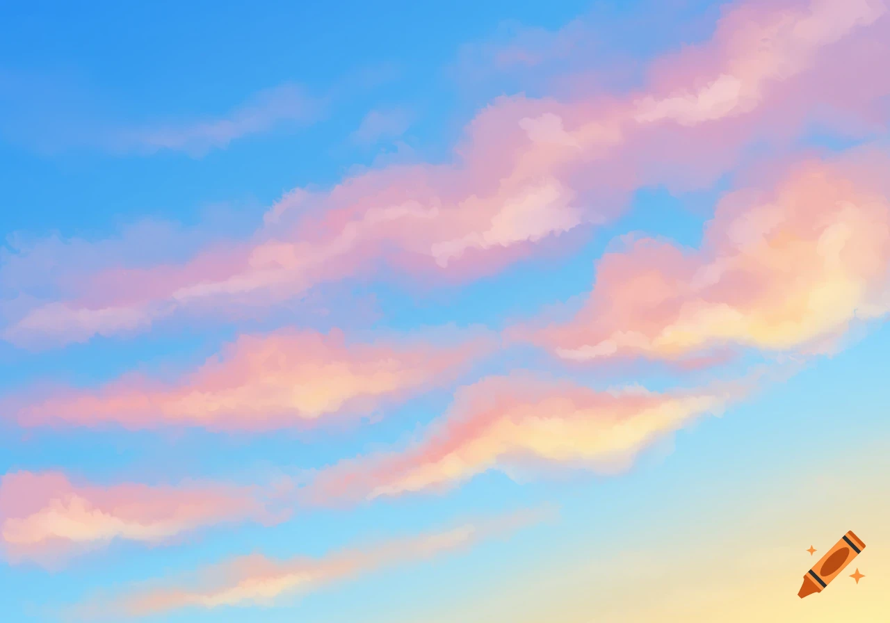 Stylized clouds in pink, orange, and yellow against a bright blue sky.