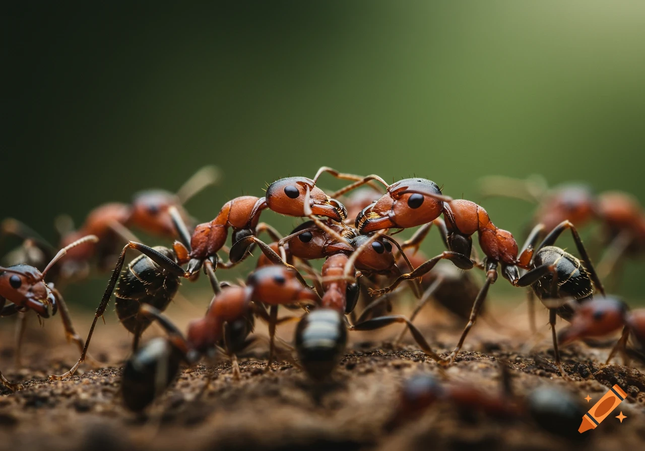 A close-up, low-angle photograph shows a cluster of red and black ants facing each other in a tense interaction on textured brown soil.