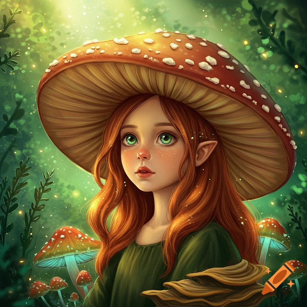 A fantasy illustration of a girl with red hair and pointed ears wearing a mushroom hat in a glowing forest with mushrooms.