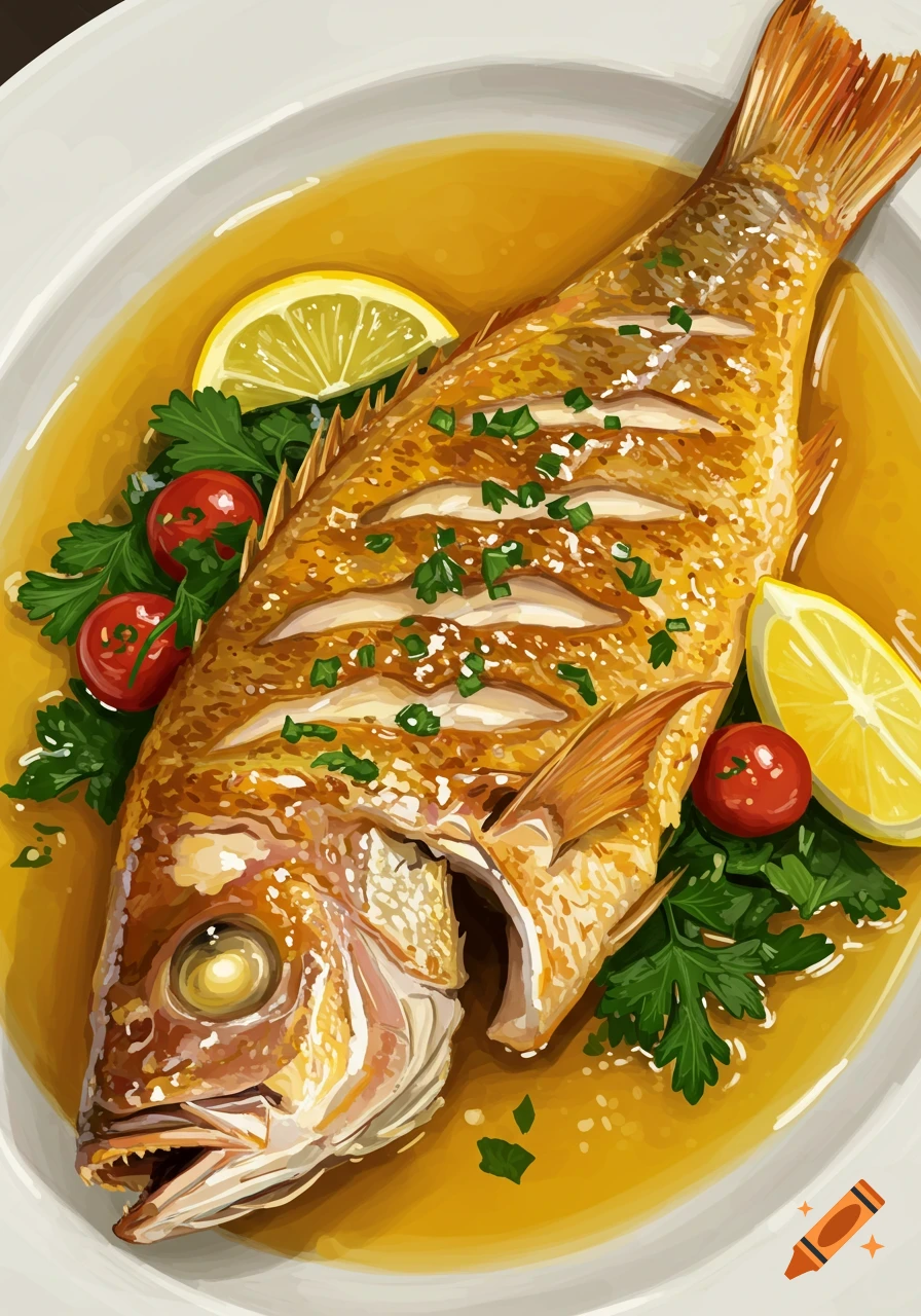 Cooked whole fish on a plate with lemon slices and garnish in a vibrant illustration style.