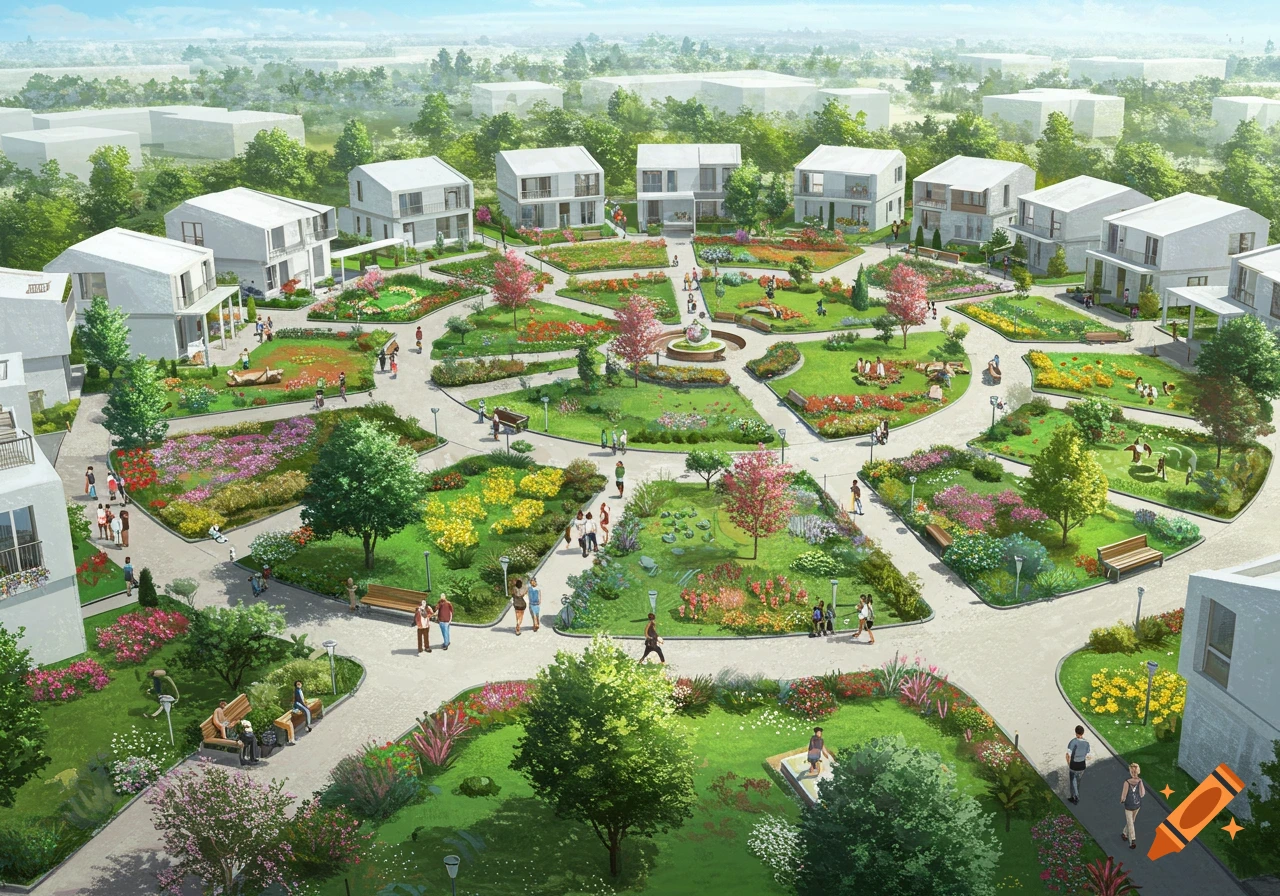 A bird's eye view illustration of a modern circular community layout with white houses, green parks, colorful gardens, and people walking.