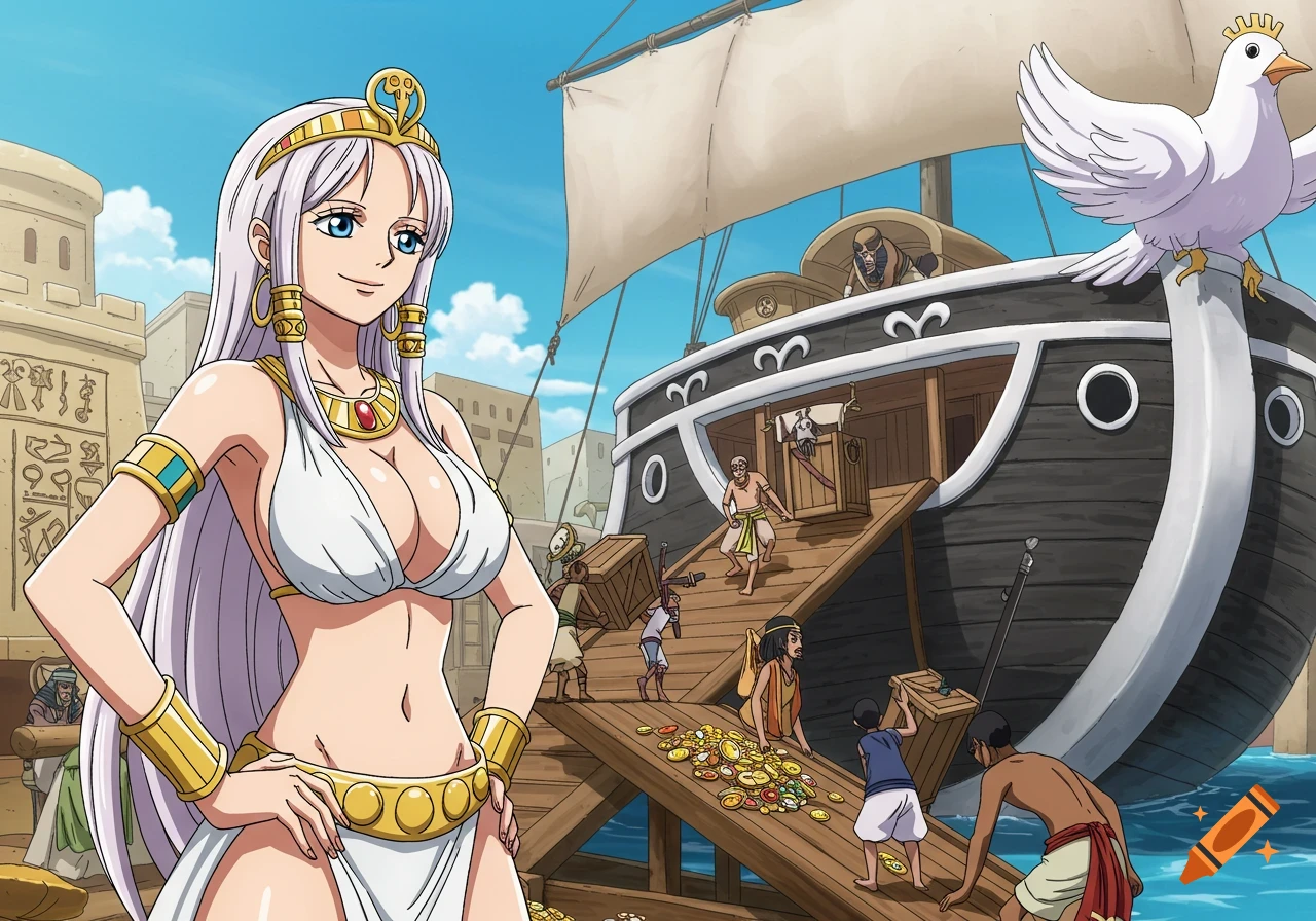 Anime girl in Egyptian outfit on a dock watching people load treasure onto a ship.