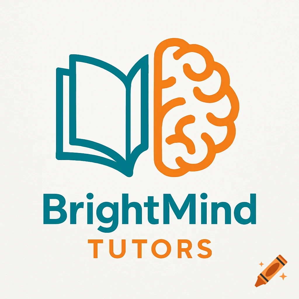 A logo with an open book next to a brain icon and the text "BrightMind Tutors" in teal and orange.