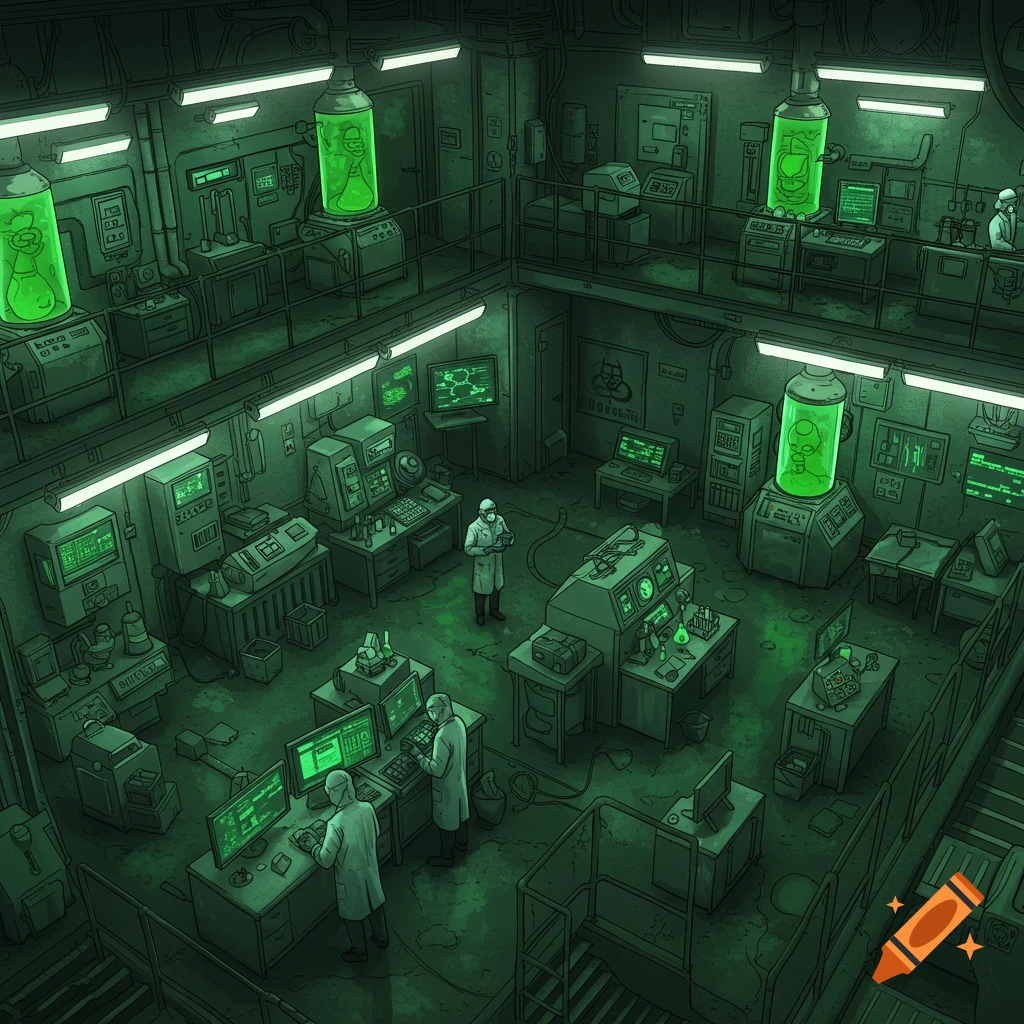 Illustration of a spooky, green-lit secret research lab with scientists and experiments.