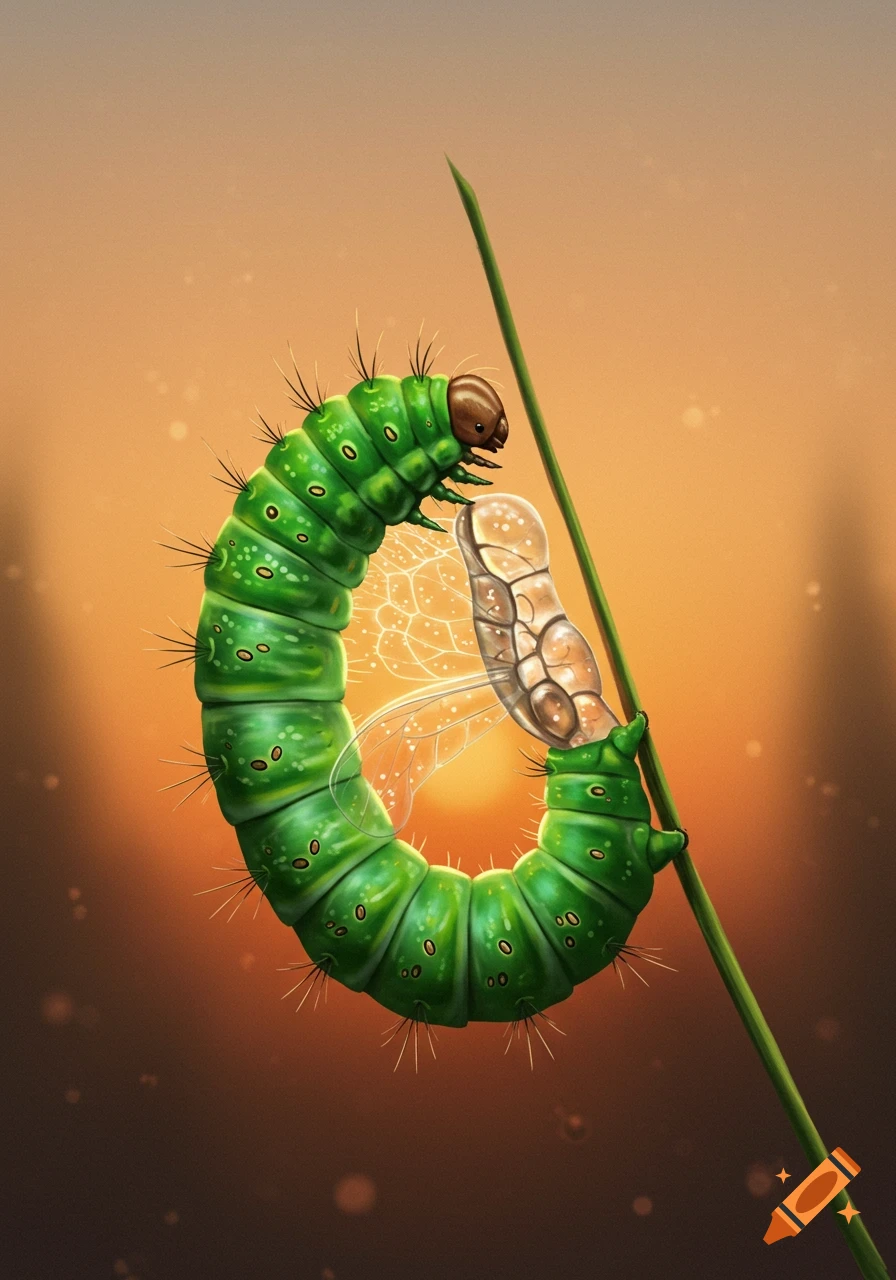 Green caterpillar and chrysalis on grass blade at sunset