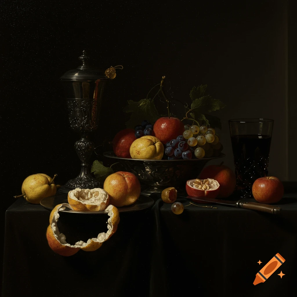 Still life painting of fruits, goblet, glass, and knife on a table with dark background.