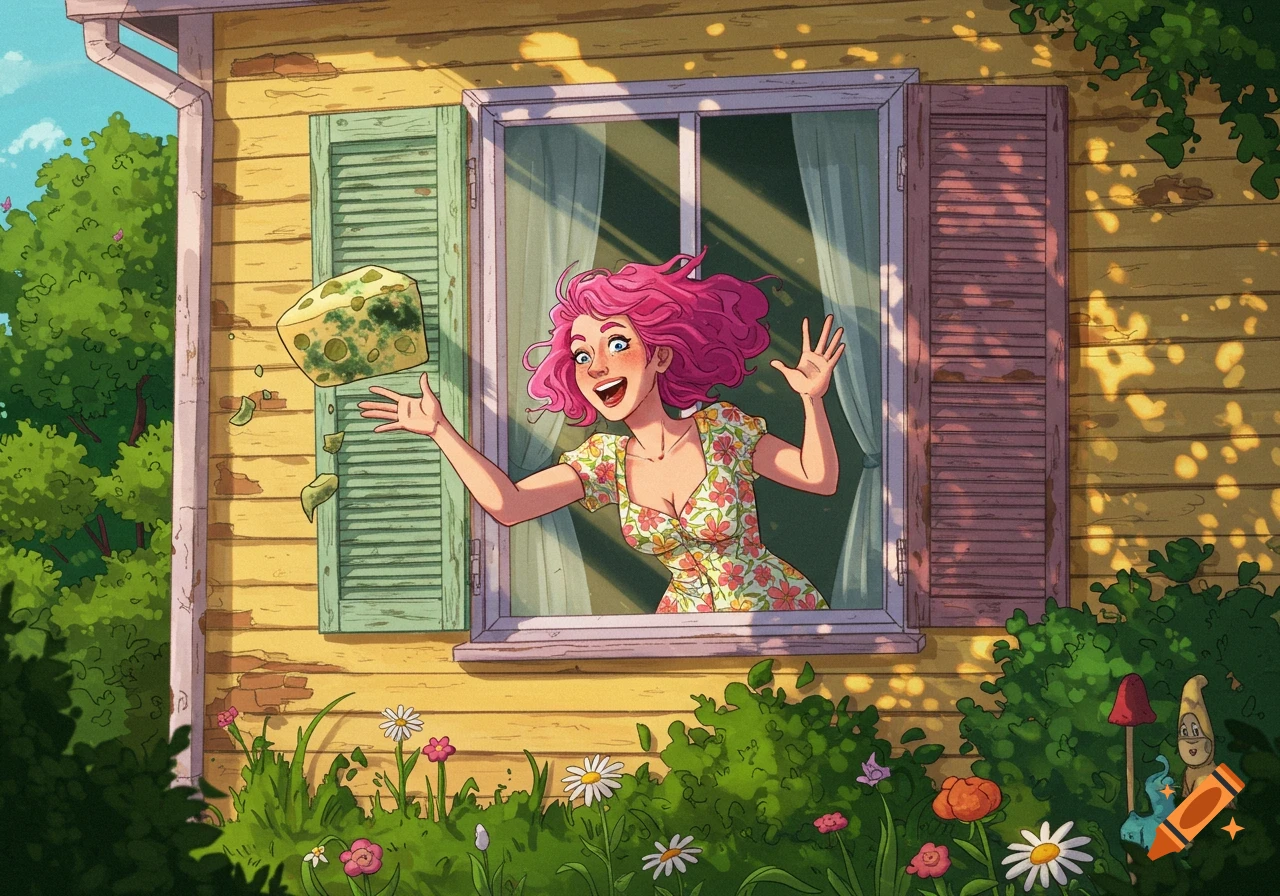 Cartoon illustration of a woman with pink hair throwing moldy cheese out a window.