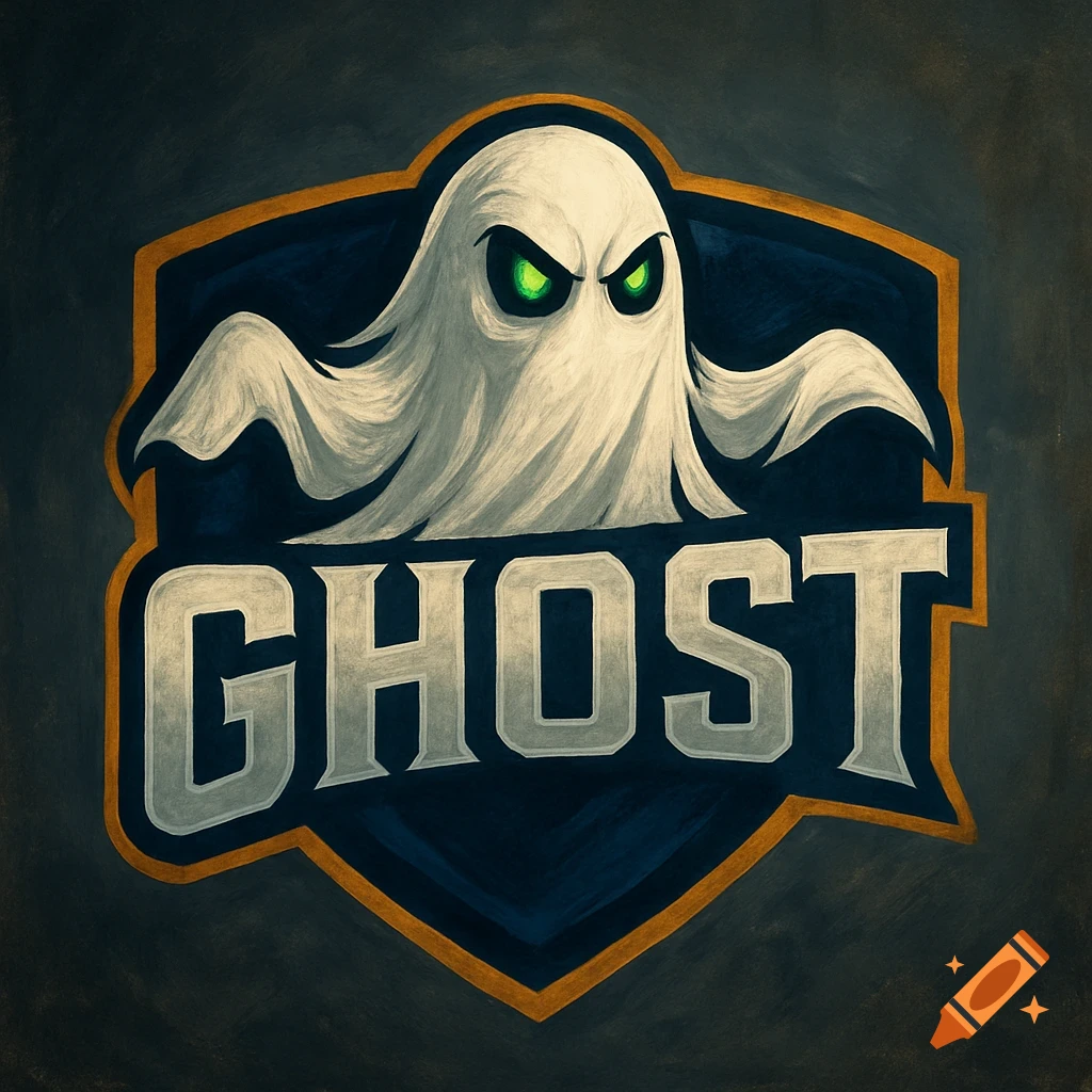 A sports logo featuring a white ghost with green eyes over the word GHOST in silver capital letters on a dark blue and orange shield shape.