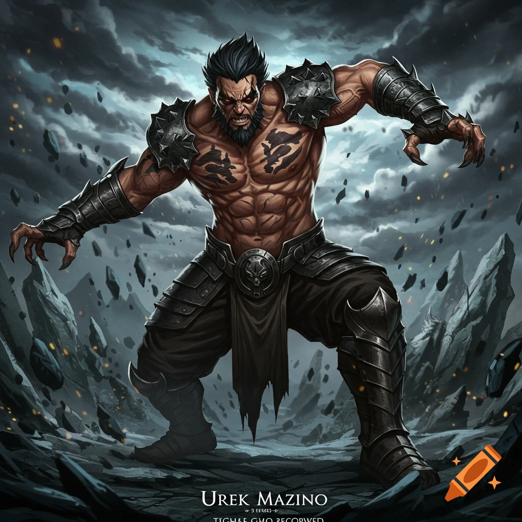 A muscular fantasy warrior with claws and armor stands in a rocky ...