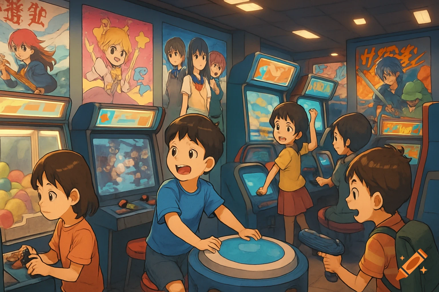 Children playing arcade games in an anime-style game center with posters on the wall.