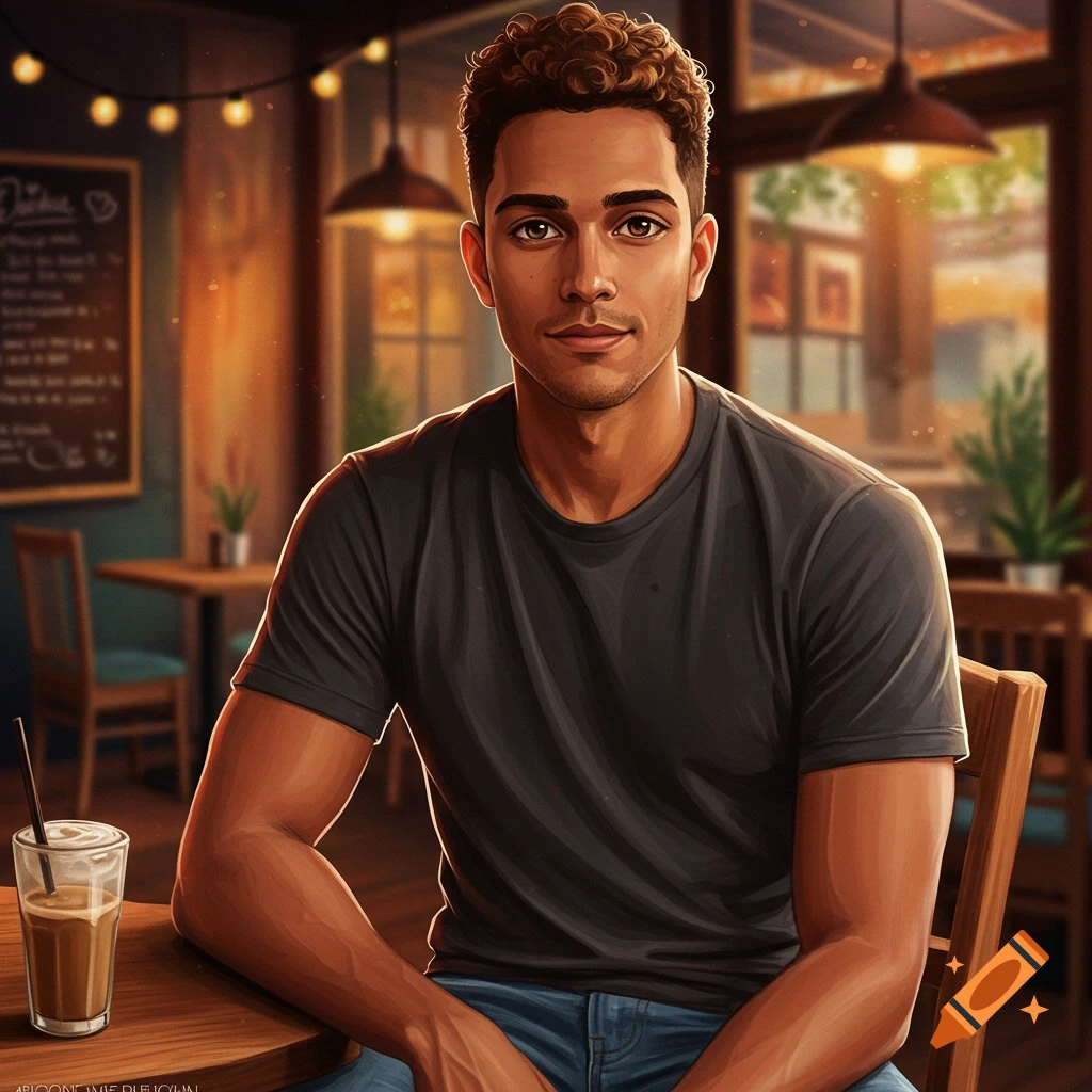 Illustrated portrait of a man sitting at a cafe table with an iced coffee.