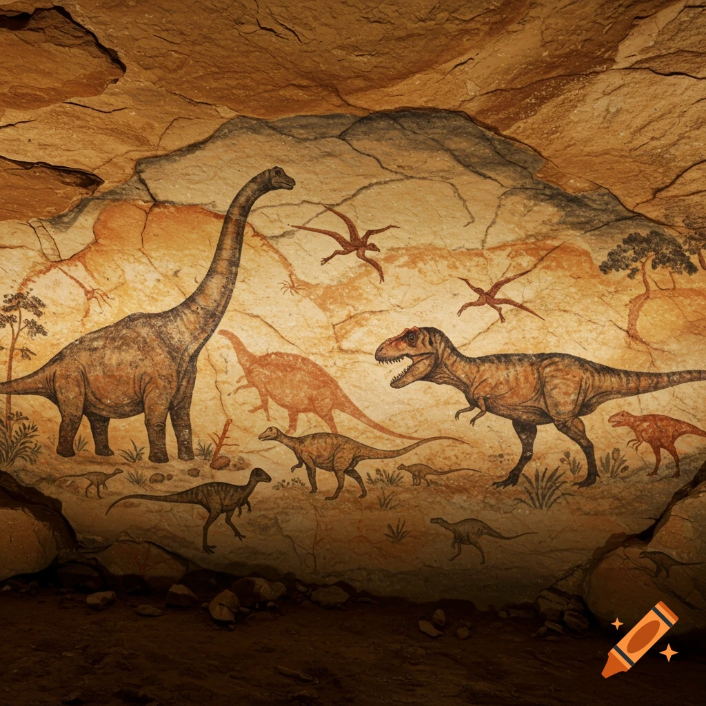 A cave painting depicts various dinosaurs on a rock wall.