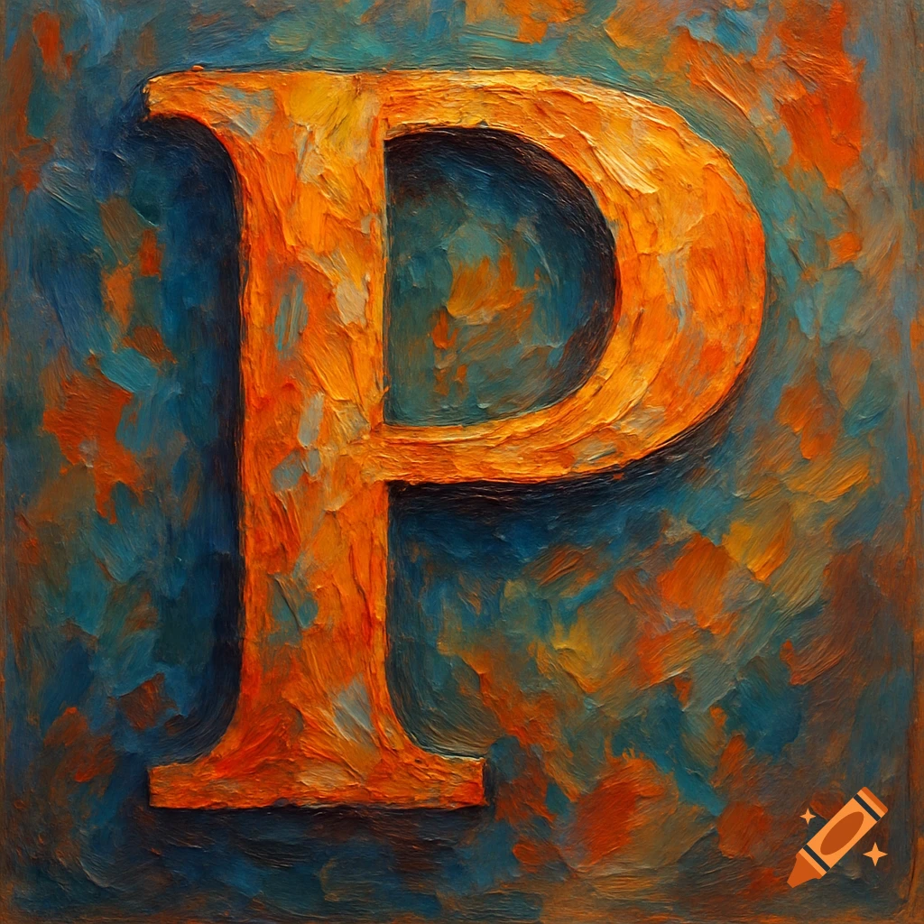 An orange letter P rendered in a thick, textured oil painting style on a blue and orange background.