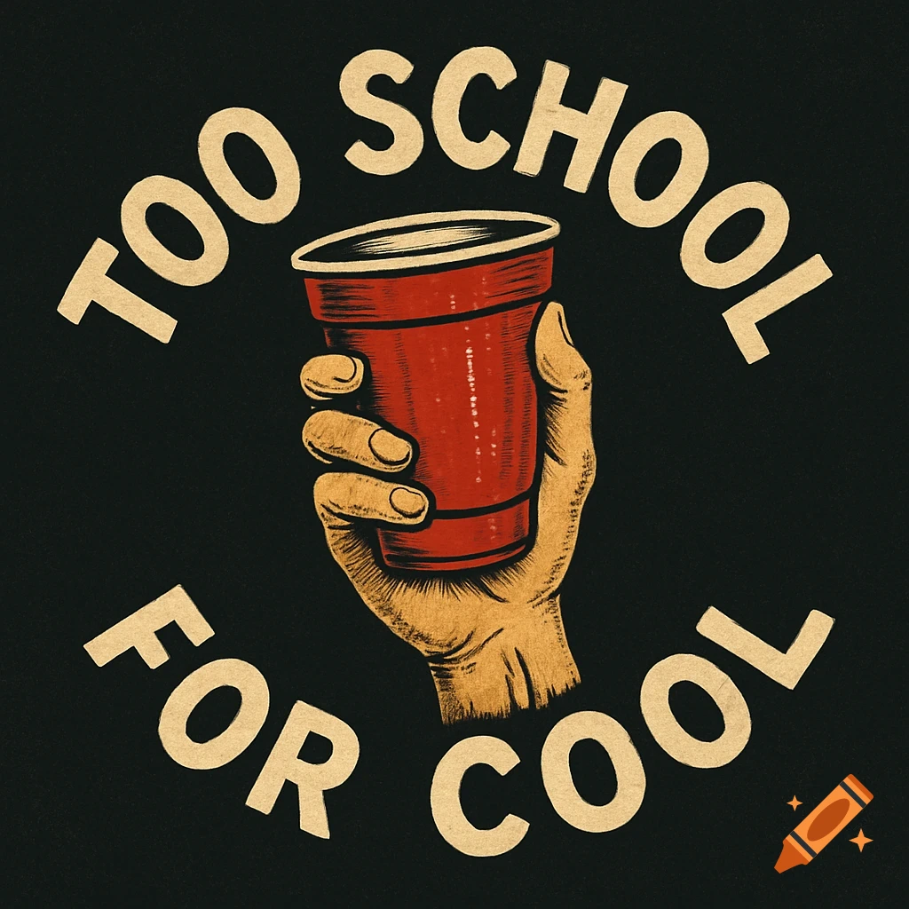 Illustration of a hand holding a red solo cup, surrounded by the text 'TOO SCHOOL FOR COOL'