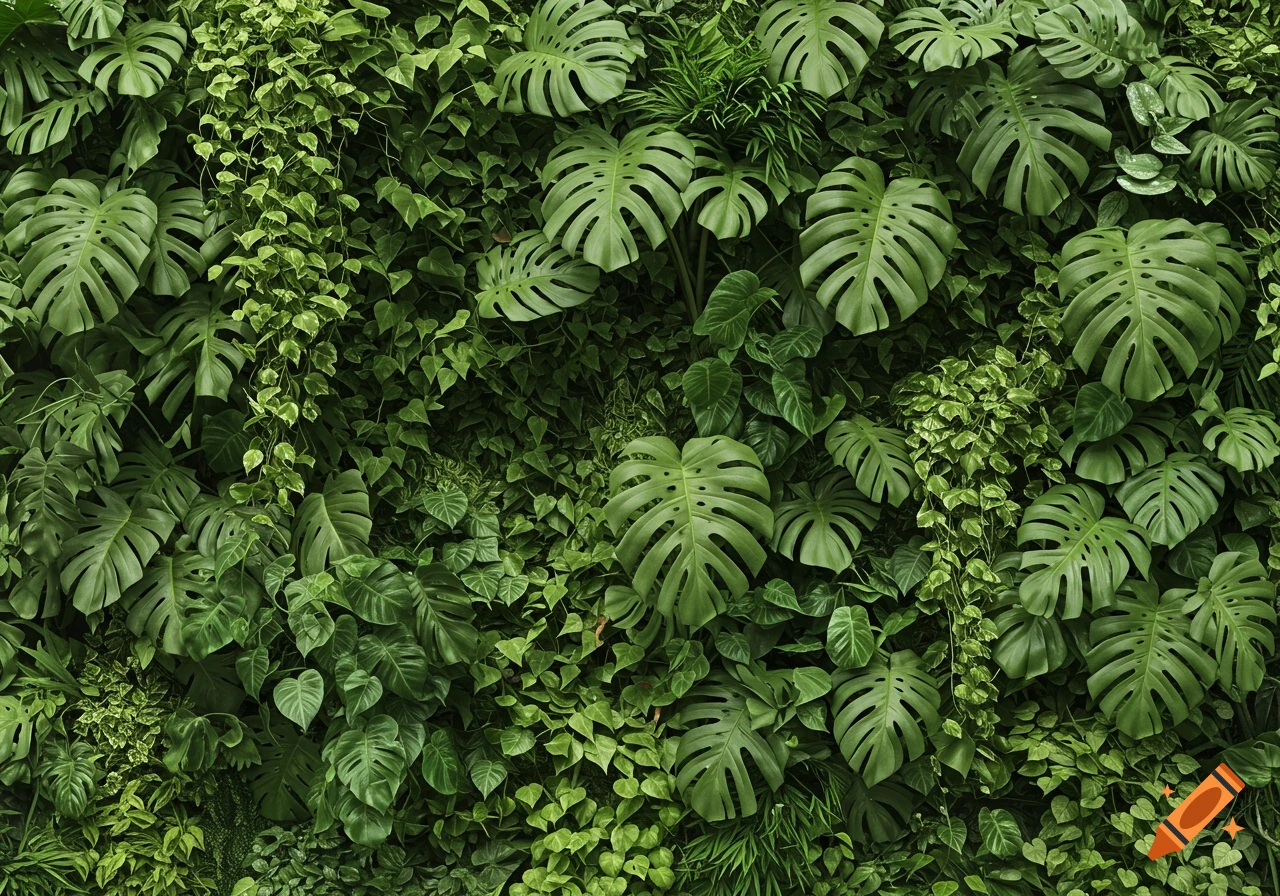 Lush green wall covered in large tropical plants and vines.