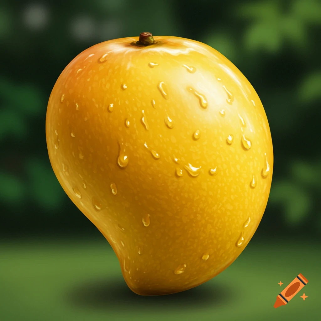 A wet yellow mango against a green background.