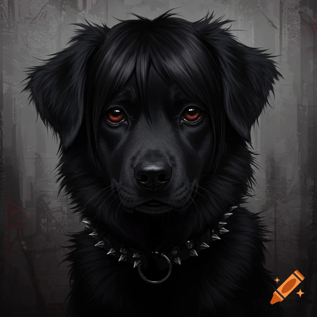 A black dog with emo hair and red eyes wears a spiked collar.