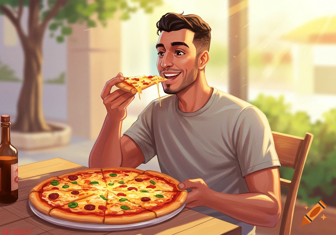 Illustrated man eating a slice of pizza outdoors in sunlight.
