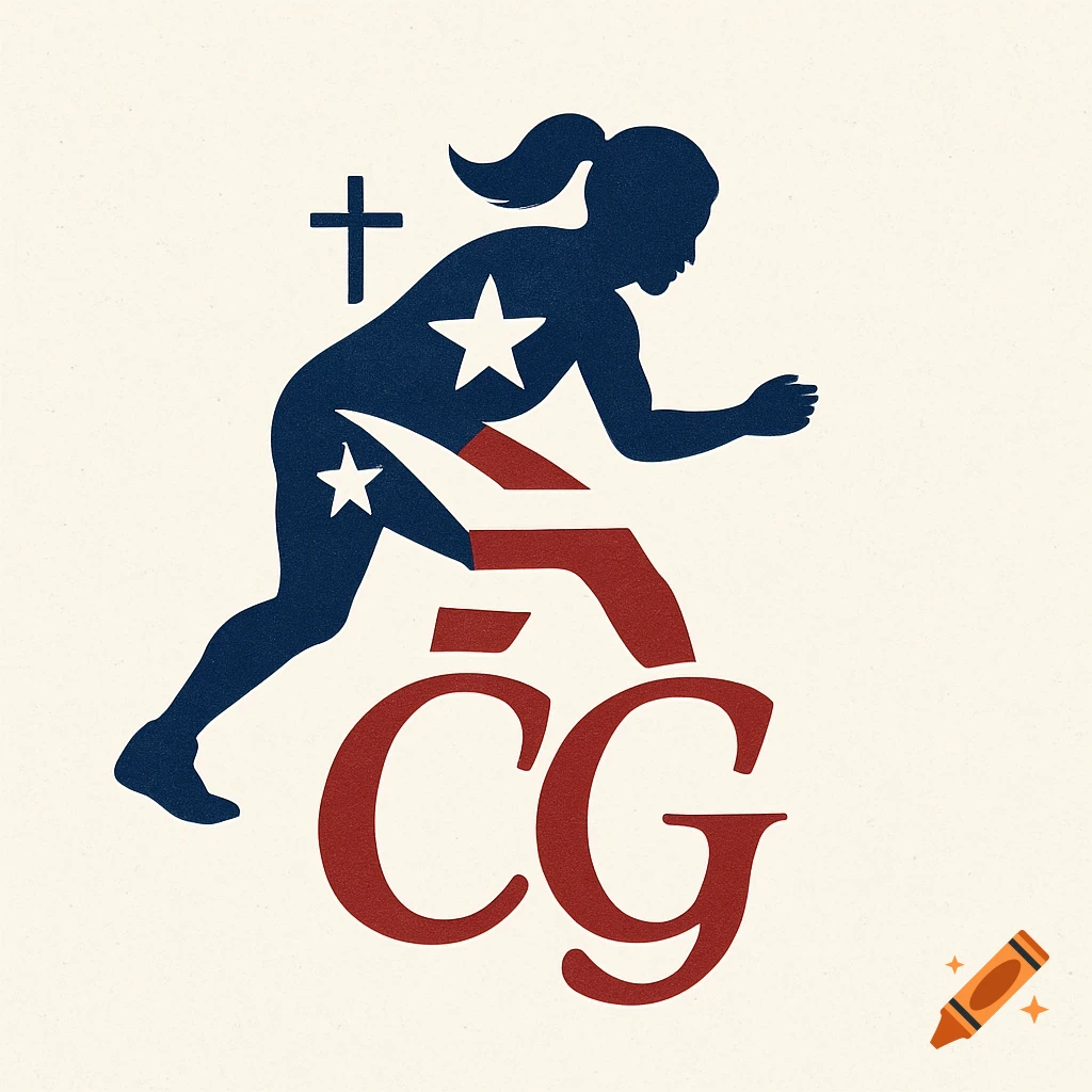 Silhouette logo of female athlete with US flag and cross, with letters CG
