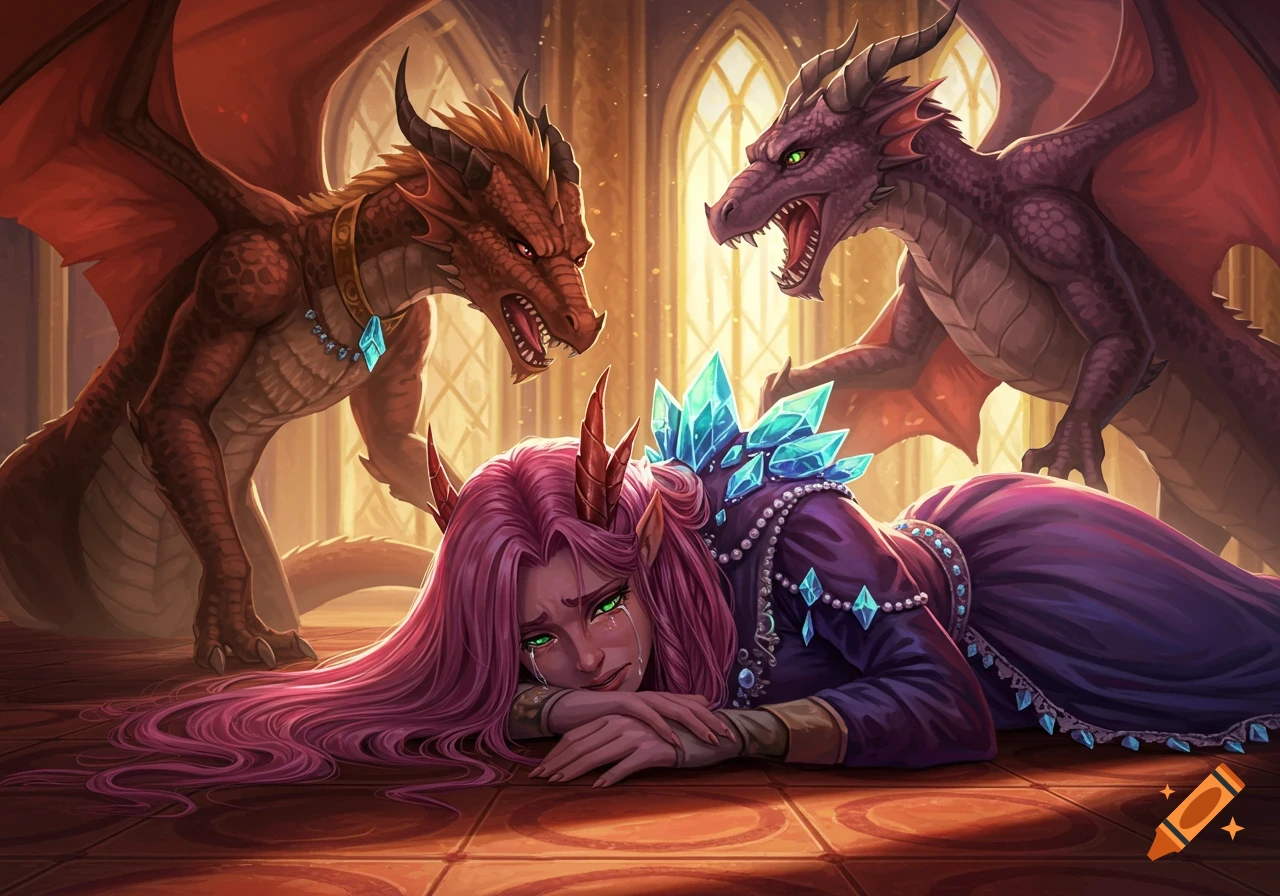A dragonborn bard cries on the floor as two dragons yell at her in a palace.