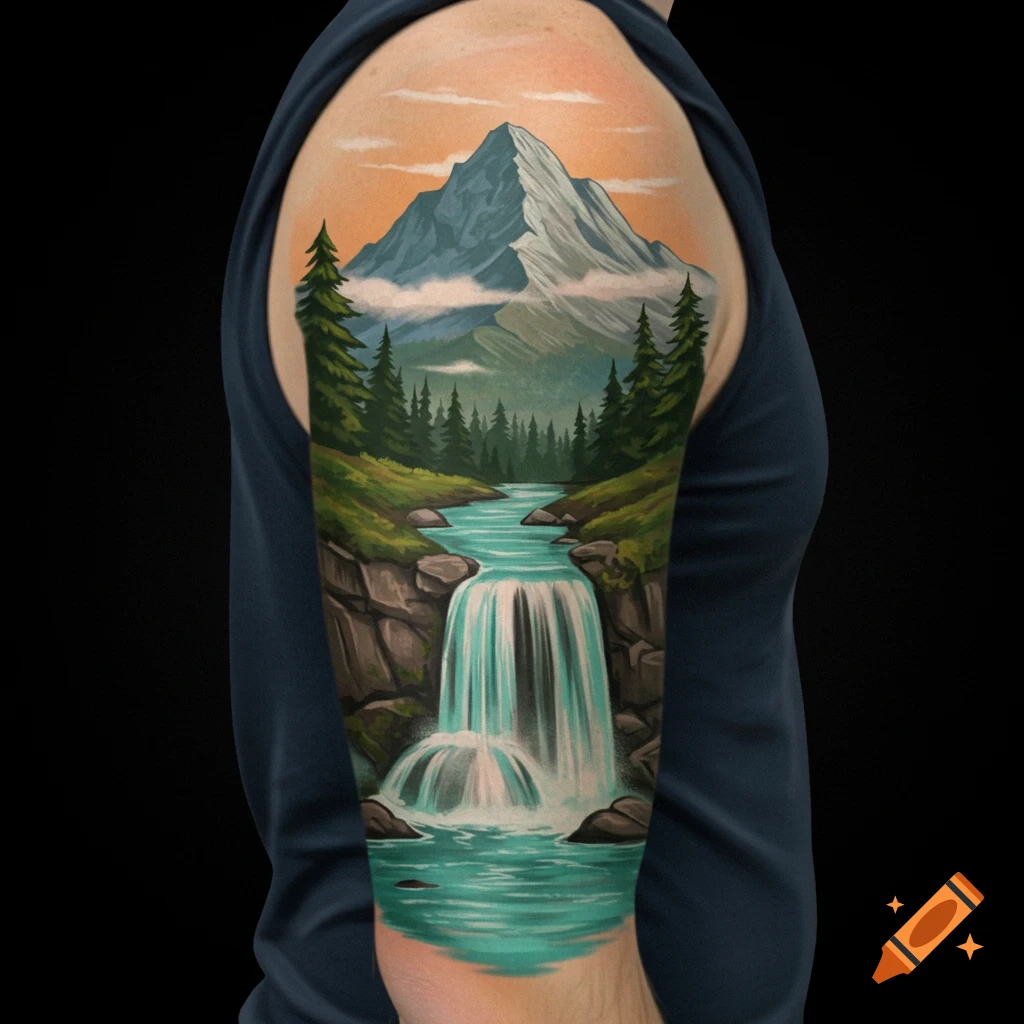 Landscape tattoo on an arm with a mountain, river, and waterfall.