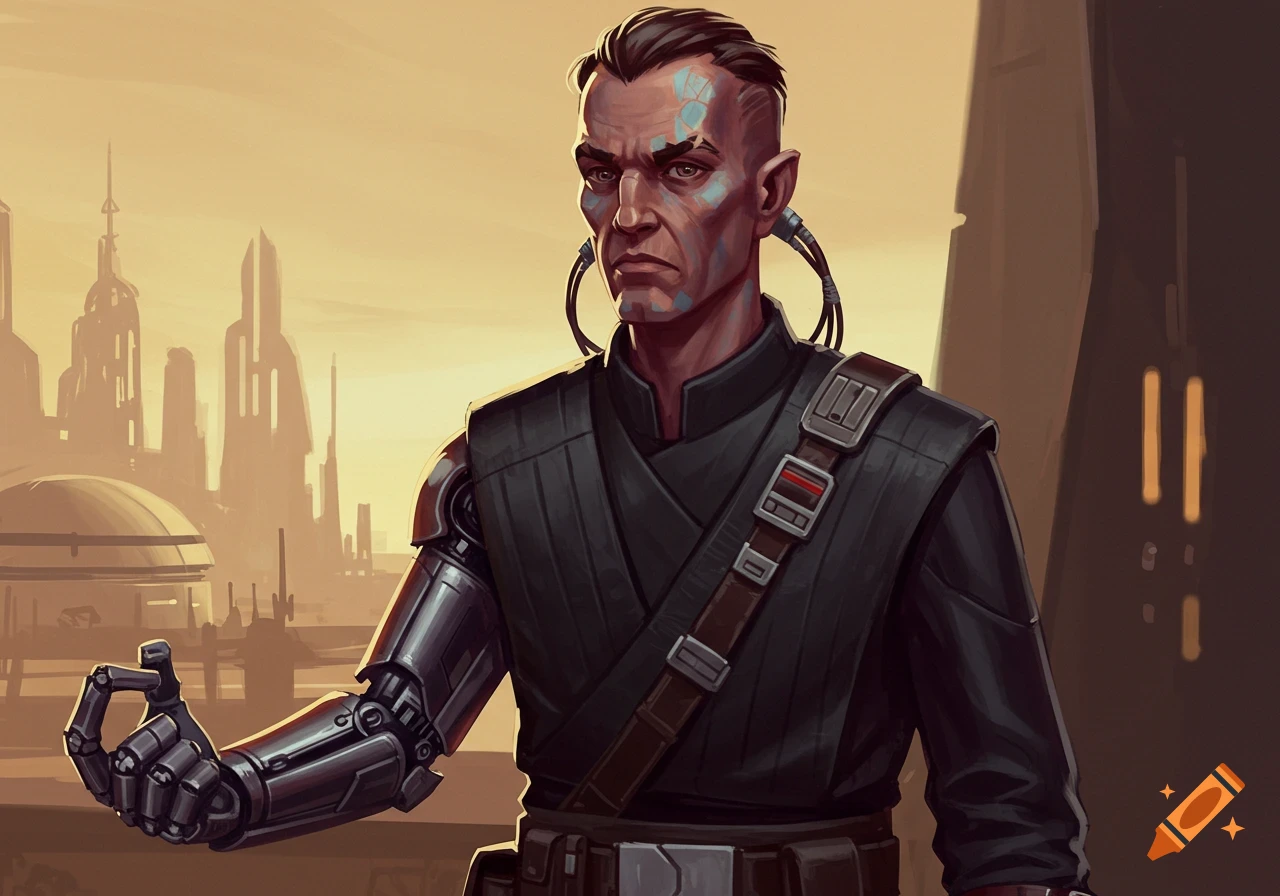A portrait of a stern-looking man with a cybernetic left arm and blue facial markings, standing in a sci-fi city.