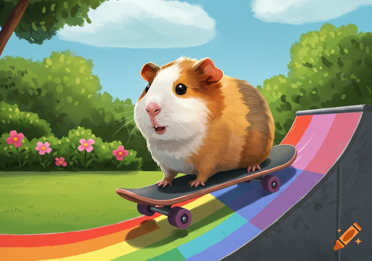 A cute guinea pig rides a skateboard down a rainbow ramp in a park.