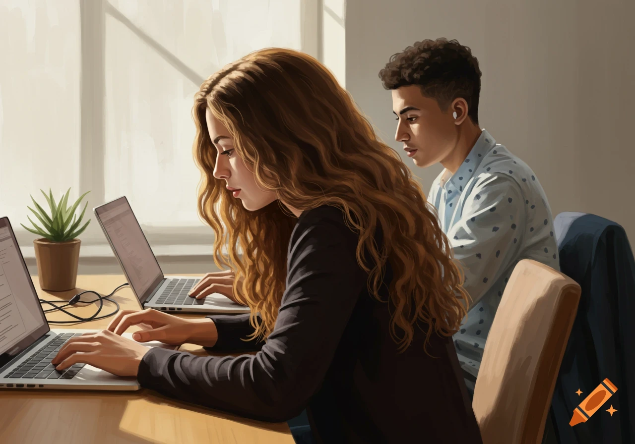 Two people working on laptops at a desk, woman in foreground with long hair. Painting style.