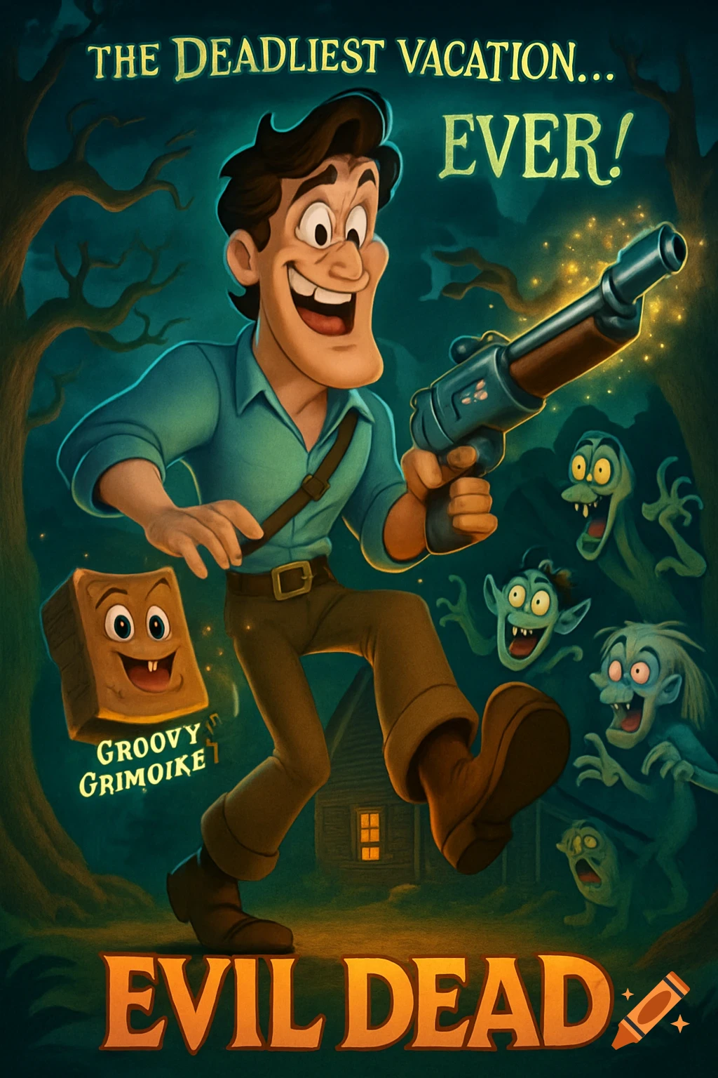 Cartoon movie poster parodying Evil Dead, featuring a goofy hero with a gun and smiling book, running from cartoony monsters in a forest scene.
