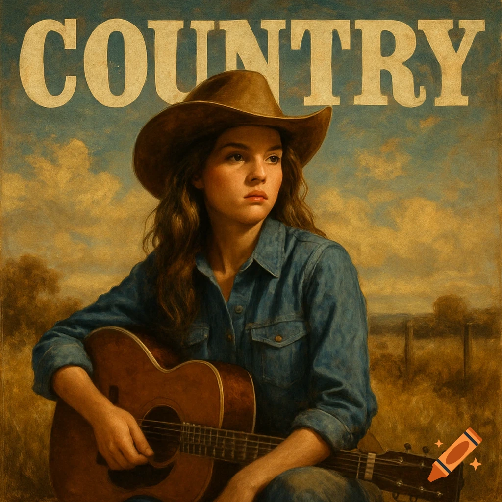 Painting of a woman in a cowboy hat playing a guitar in a rural setting, with the word COUNTRY above.
