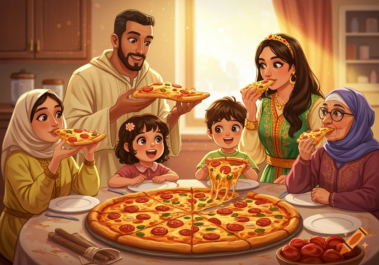 An illustration of an Algerian family happily eating pizza.