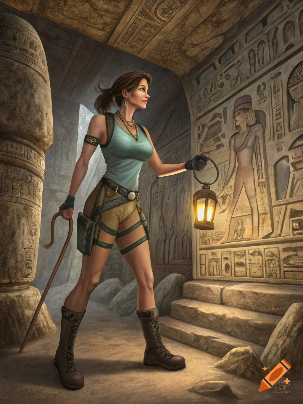 A woman resembling Lara Croft explores an ancient Egyptian tomb by lantern light, holding a staff.