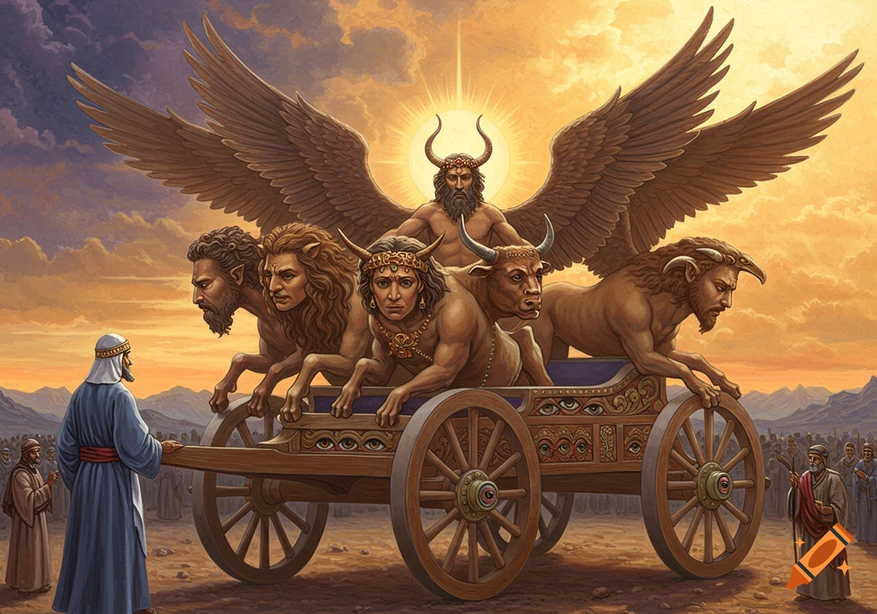 A winged chariot pulled by mythical creatures with multiple faces and covered in eyes, with robed figures observing.