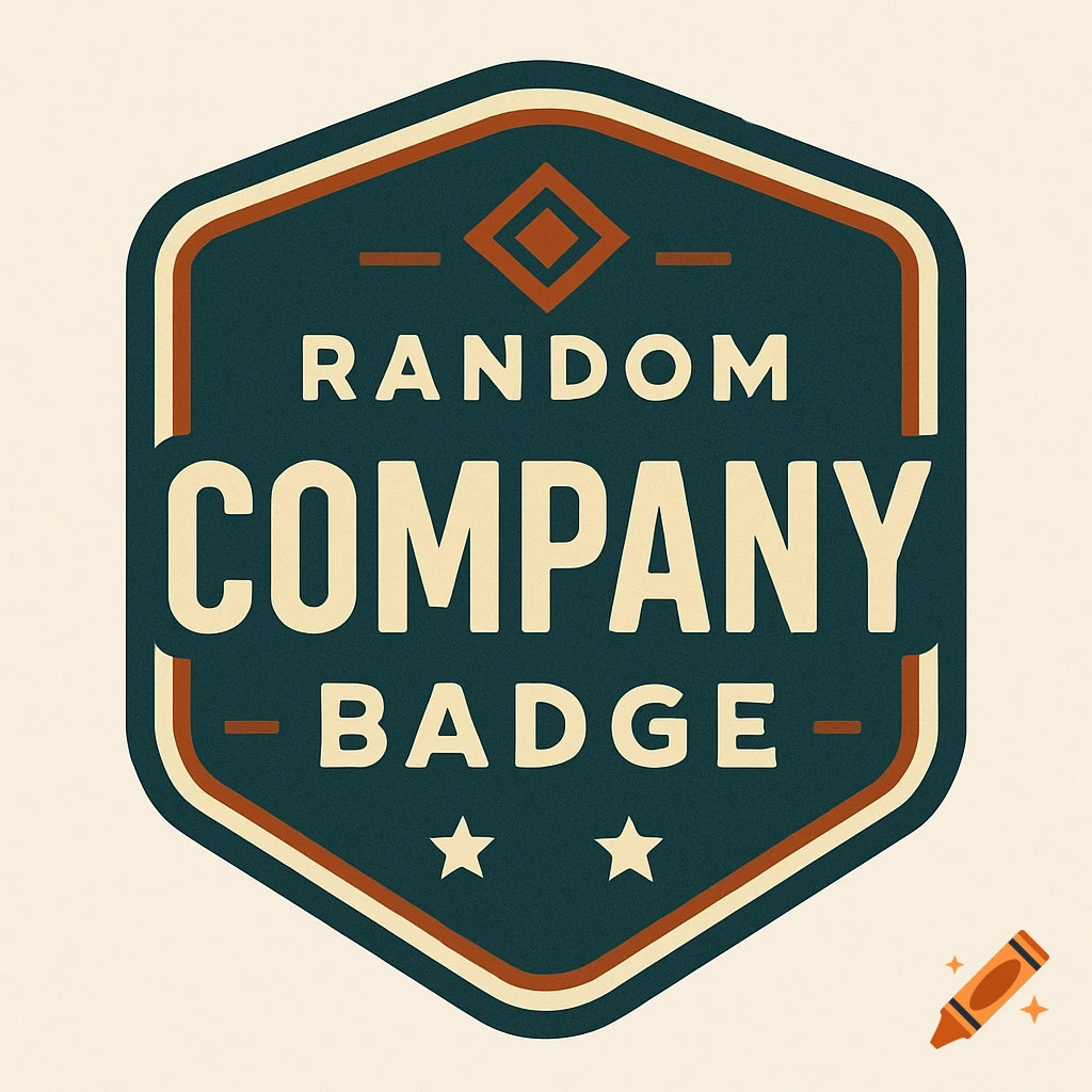 A graphic logo badge with text 'RANDOM COMPANY BADGE', stars, and geometric shapes.