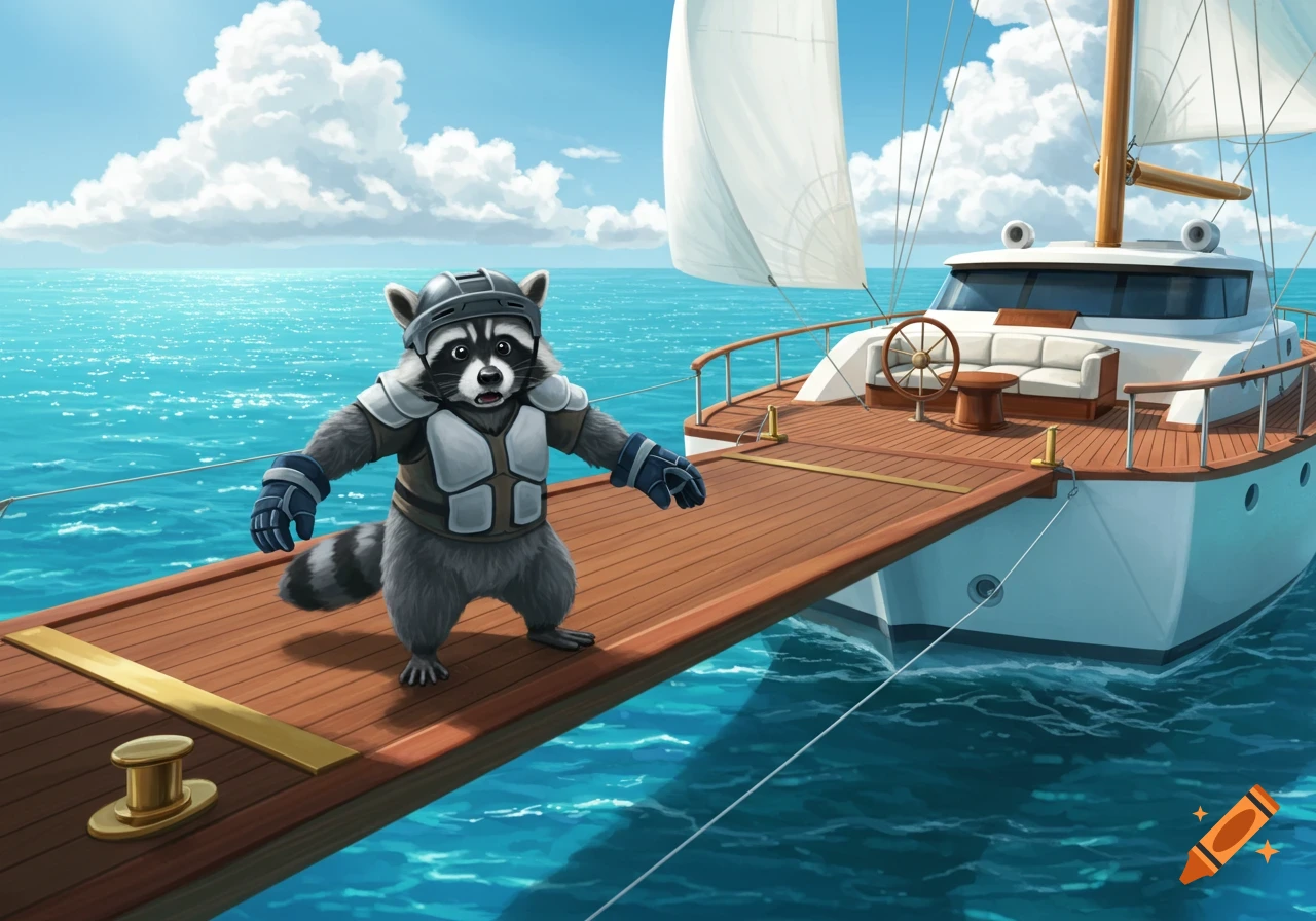 A scared cartoon raccoon in hockey gear walks the plank extending from a large yacht.