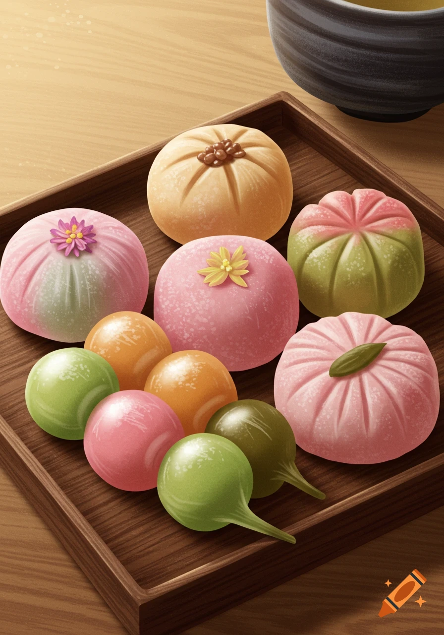Various colorful Japanese sweets on a wooden tray next to a teacup.
