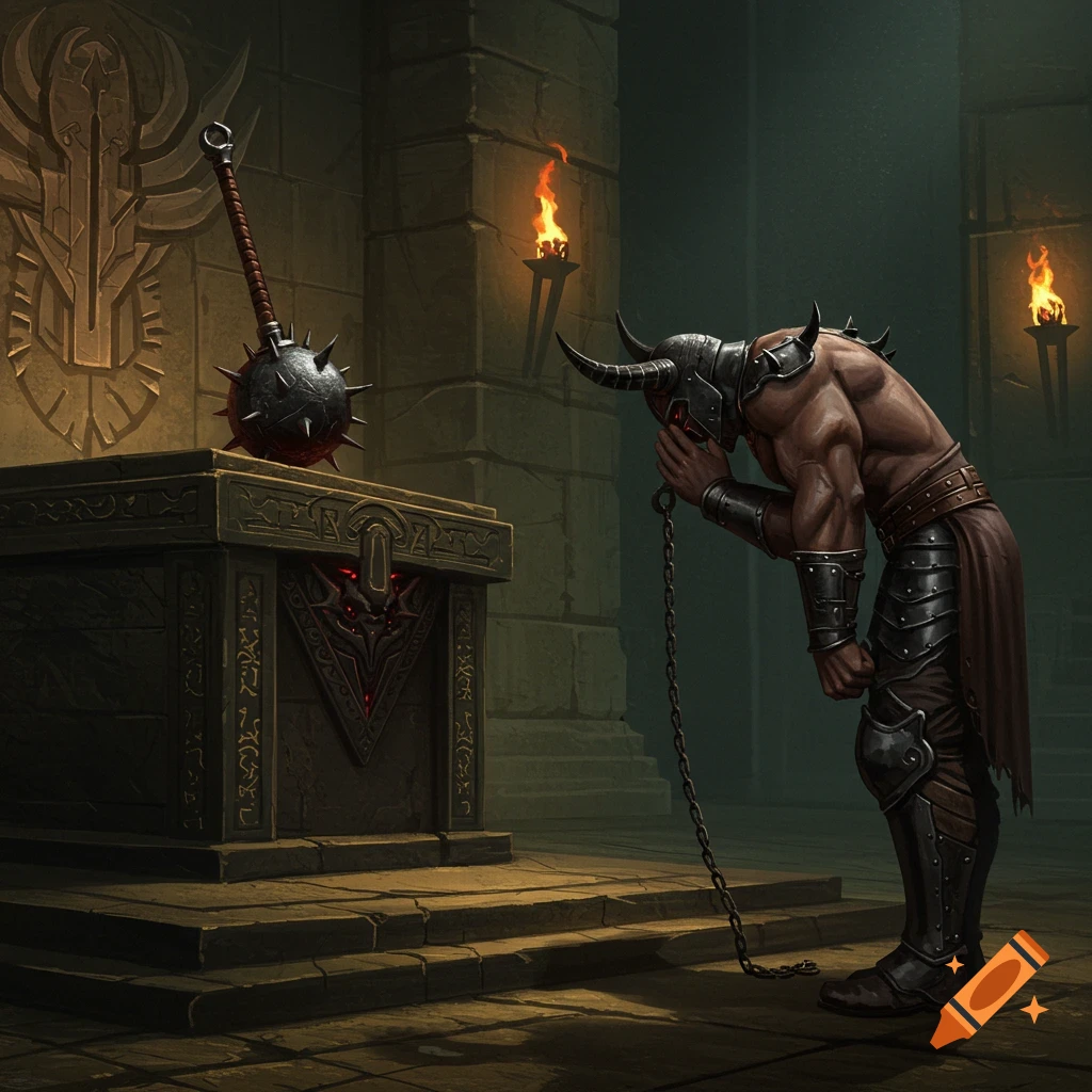 A horned warrior bows before a stone altar with a spiked mace on it in a dark chamber.
