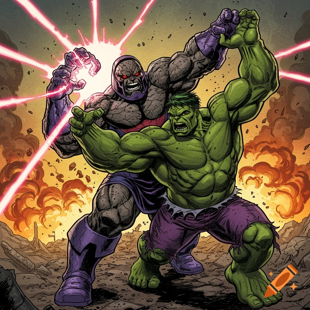 Darkseid fighting the Hulk in a comic book style.