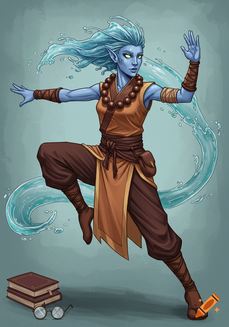 Fantasy illustration of a water genasi monk in a martial arts pose with water hair, books, and glasses.