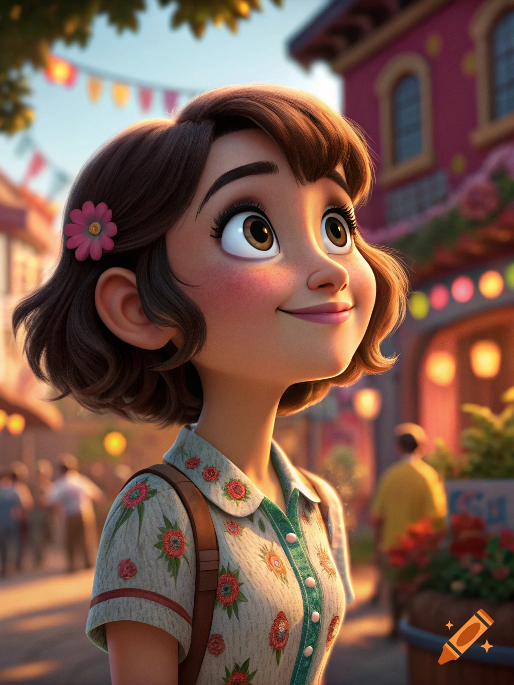 Close-up portrait of a cartoon girl smiling in a colorful street scene