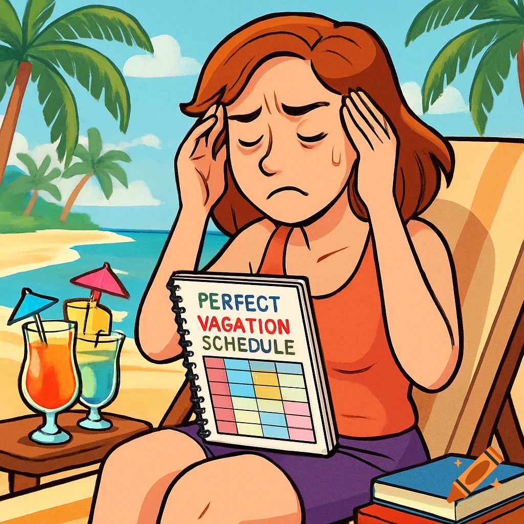 Cartoon woman on beach chair holds 'Perfect Vacation Schedule' notebook, looking stressed with head in hands.