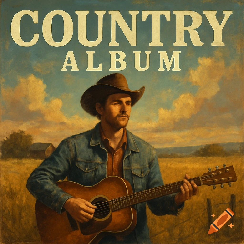 Painting of a man in a cowboy hat playing guitar in a field with 'COUNTRY ALBUM' text.