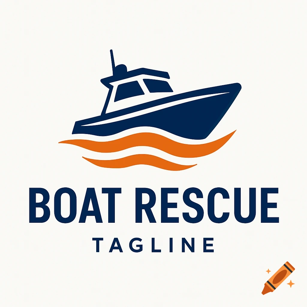 A logo featuring a dark blue rescue boat above orange waves and the text "BOAT RESCUE TAGLINE".