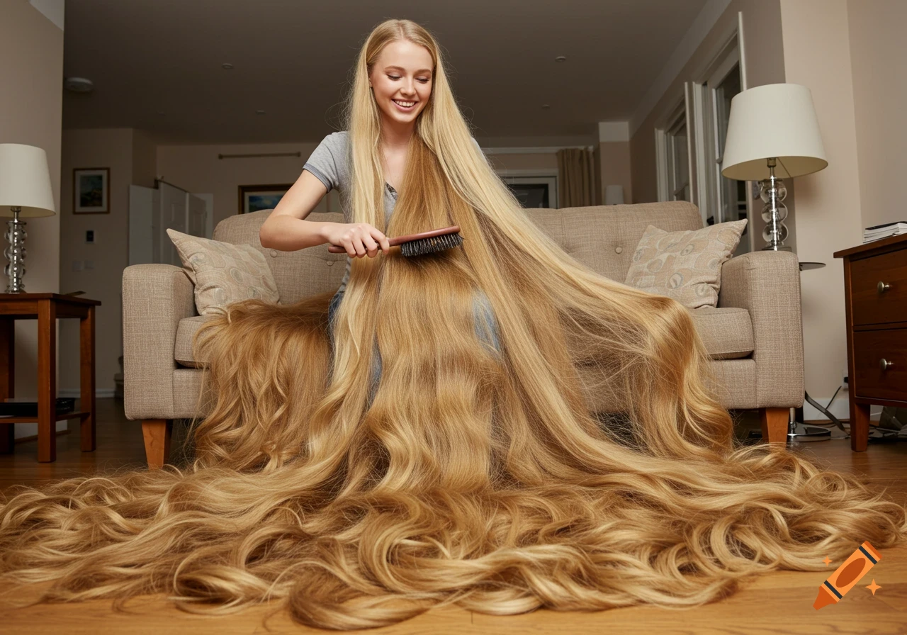 A woman with extremely long blonde hair brushes it while sitting on a couch, her hair covers the floor.