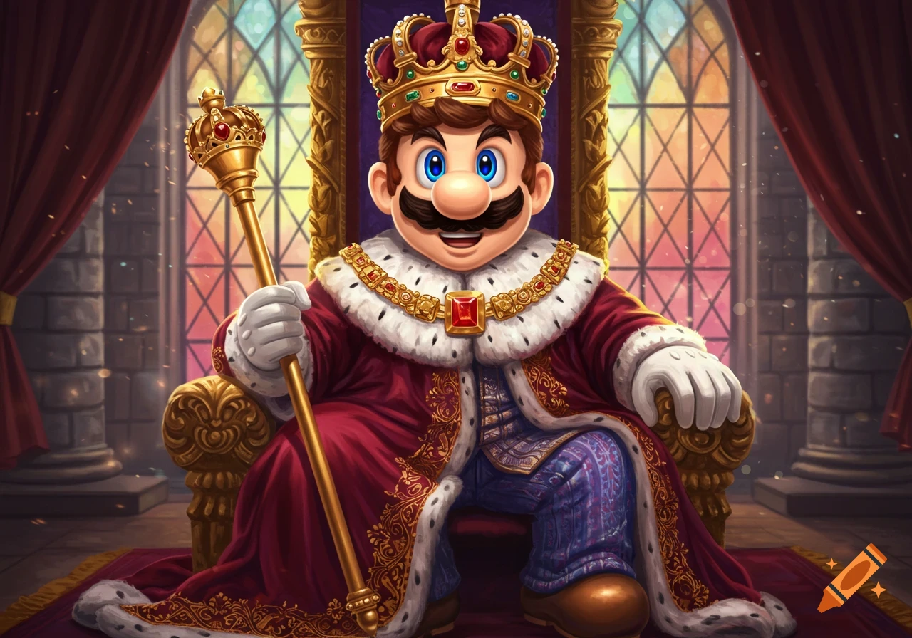 Mario sits on a golden throne wearing a crown and royal robe, holding a scepter.